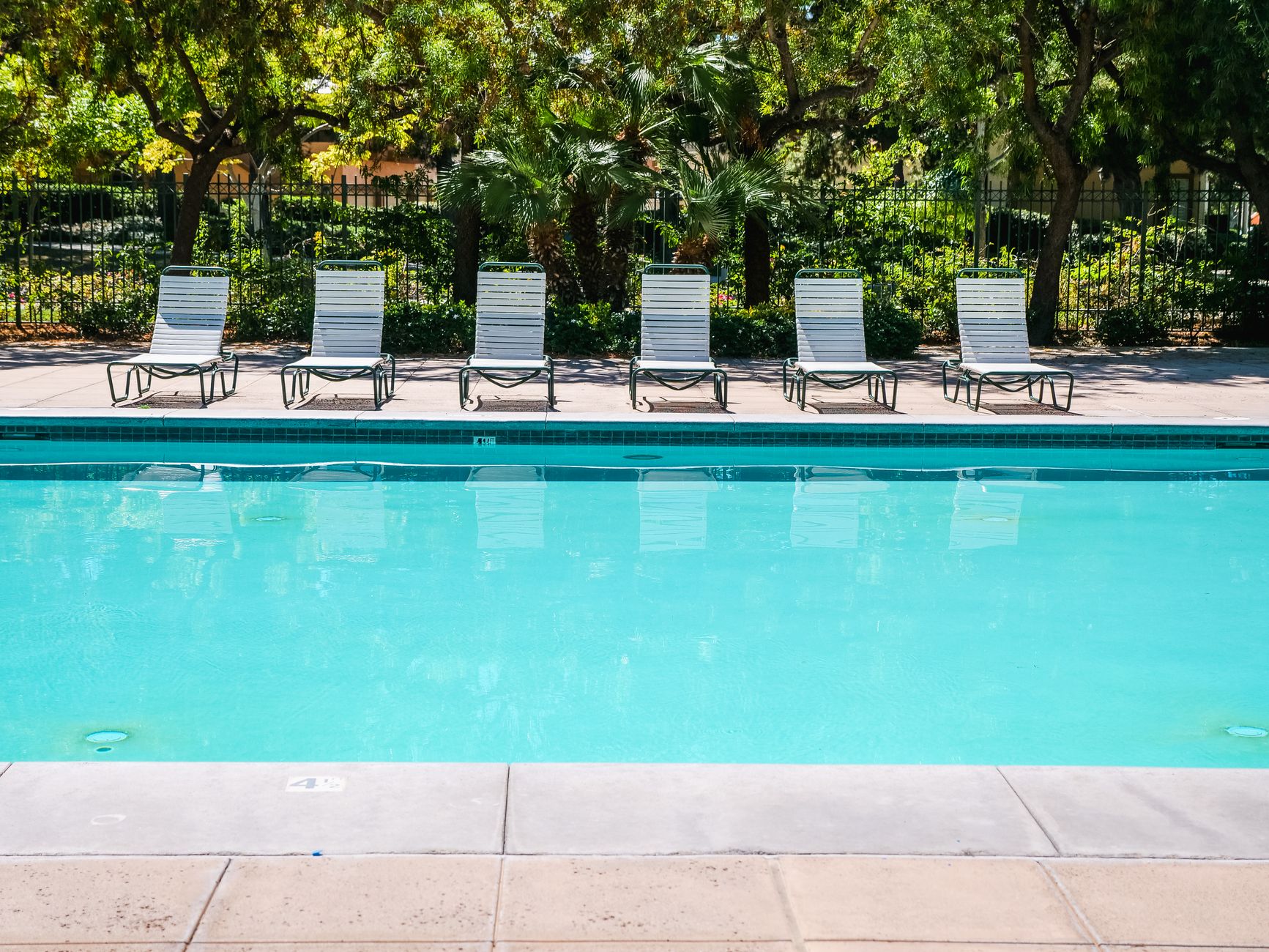 Tranquil outdoor pool in Port St Lucie surrounded by sun loungers and lush greenery, the kind of clear water a weekly pool service plan is built to maintain.